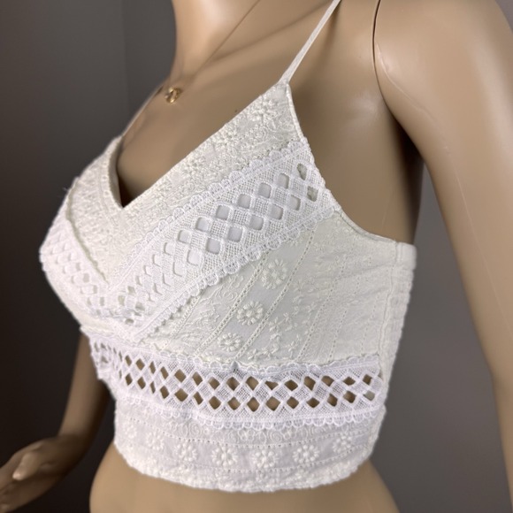 Rebellion Women's Size S White Lace Crop Cami Top Smocked V-neck Sleeveless - Picture 10 of 16